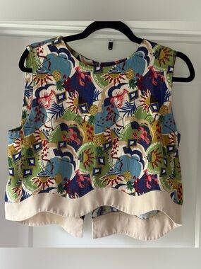 Fate Women’s Multicolor Patterned Crop Tank Top - Beige Trim linen blend size S